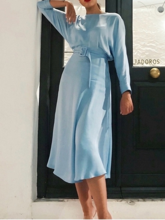 Zara Dresses & Skirts - ZARA Baby Blue Belted Satin Effect Midi Dress